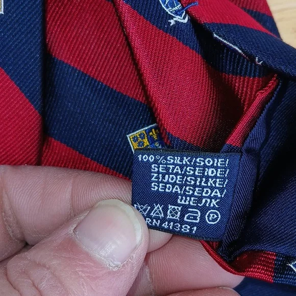 POLO by Ralph Lauren Red and Blue Striped Tie with Crest - Picture 5 of 5